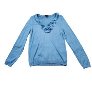 Talbots Womens Pullover Sweater Size Large Blue Ruffle Neckline Long Sleeve Silk